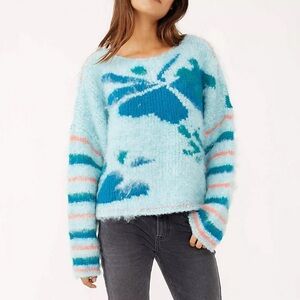 Free People Lily Mosaic Sky Blue Striped Wool Blend Knit Crop Sweater Size Small